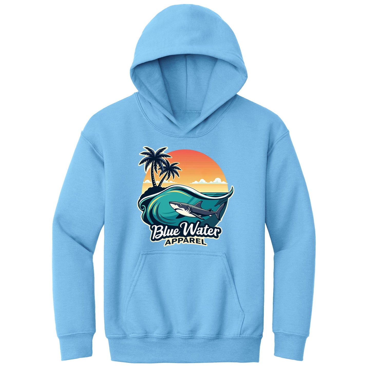 flat lay carolina blue shark wave kids hoodie by blue water apparel