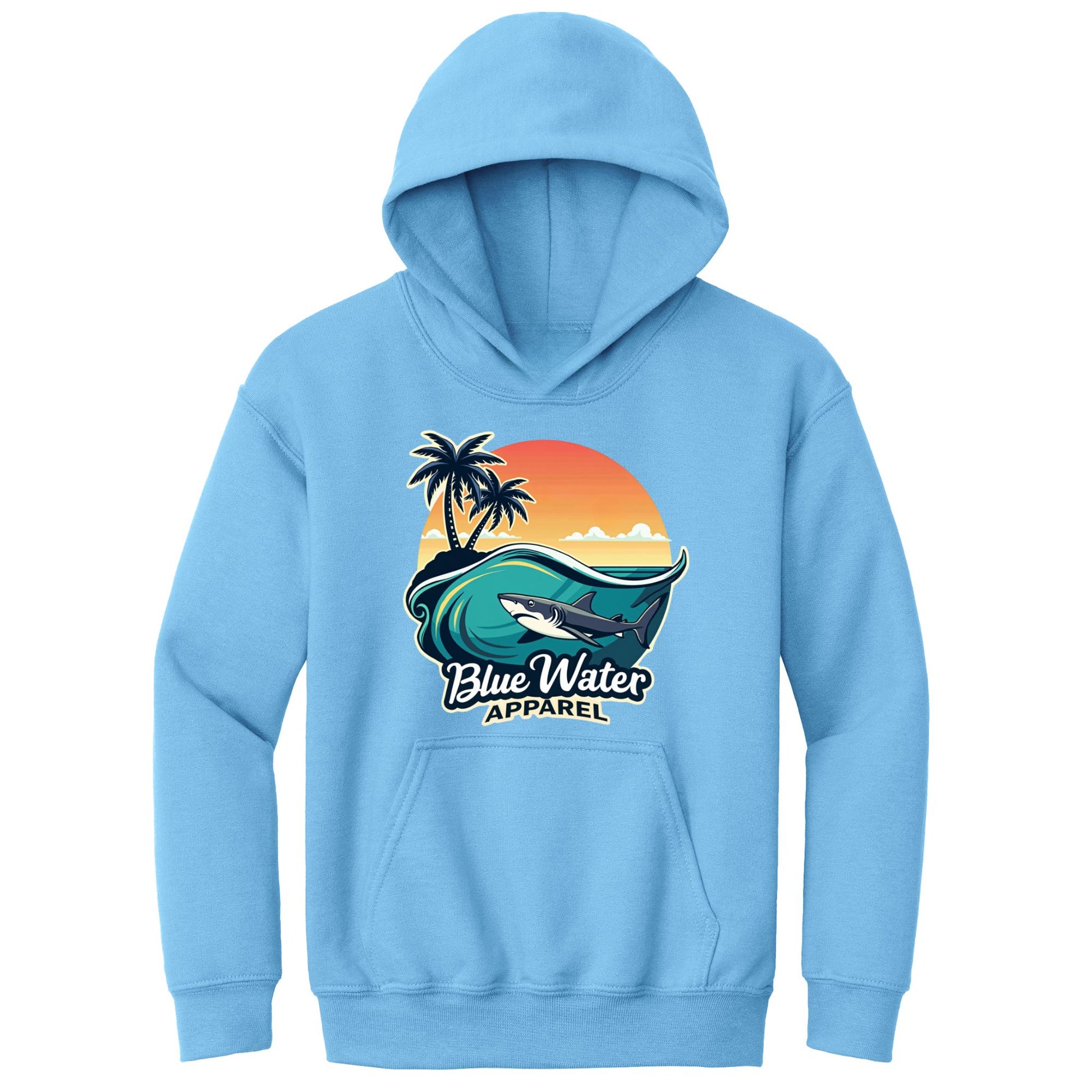flat lay carolina blue shark wave kids hoodie by blue water apparel