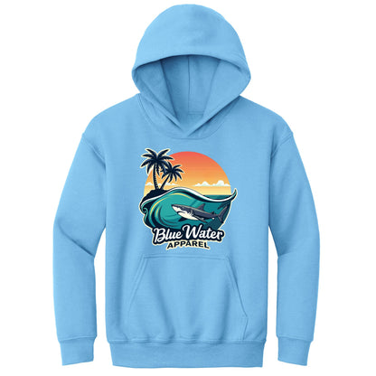 flat lay carolina blue shark wave kids hoodie by blue water apparel