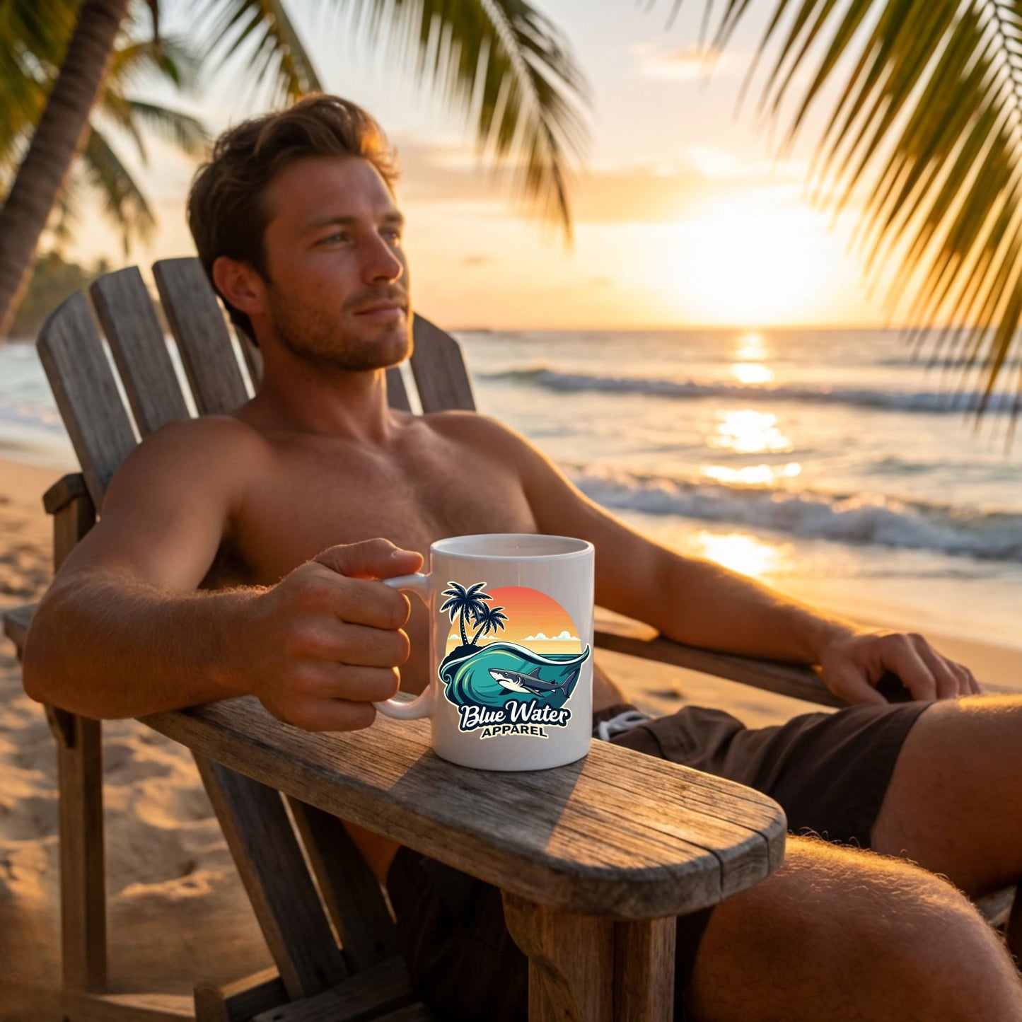 man holding shark wave coffee mug sitting in chair on sunrise beach by blue water apparel