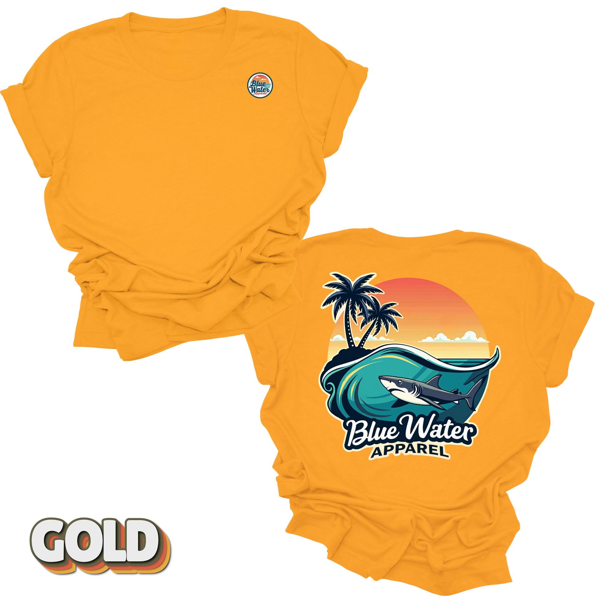 back graphic gold shark wave tee by blue water apparel