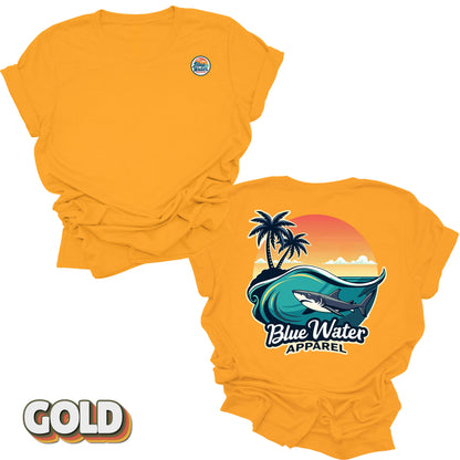 back graphic gold shark wave tee by blue water apparel