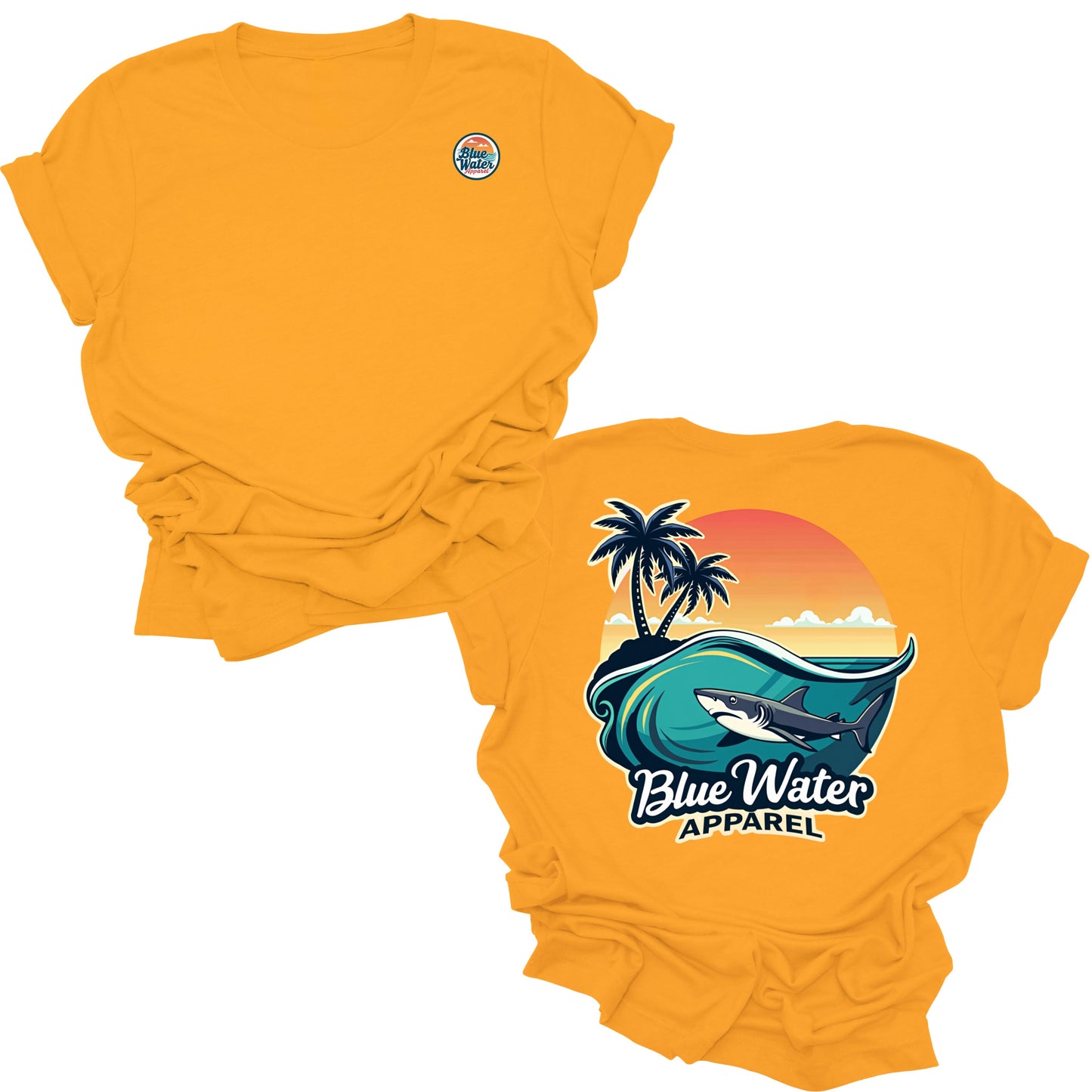 flat lay gold shark wave tee by blue water apparel
