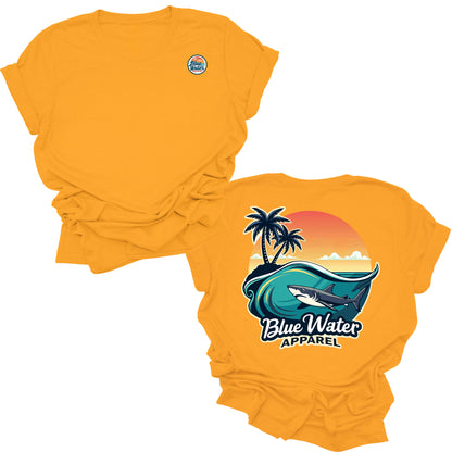 flat lay gold shark wave tee by blue water apparel