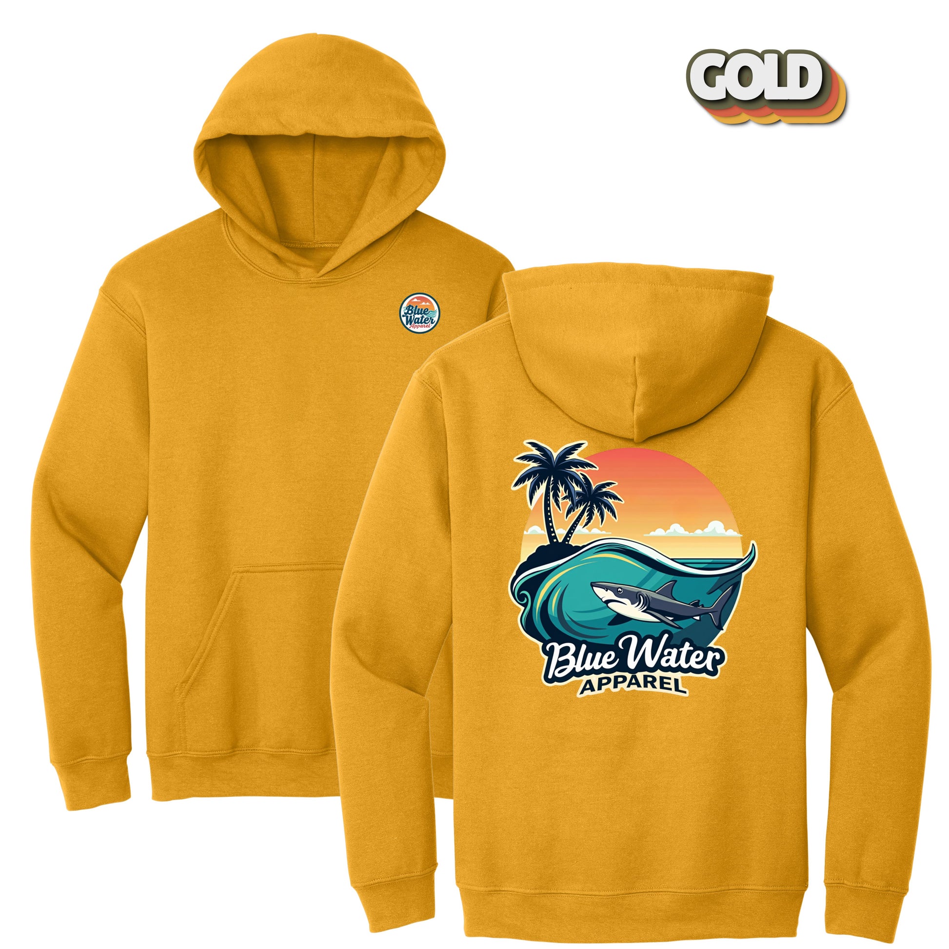 flat lay gold shark wave hoodie by blue water apparel