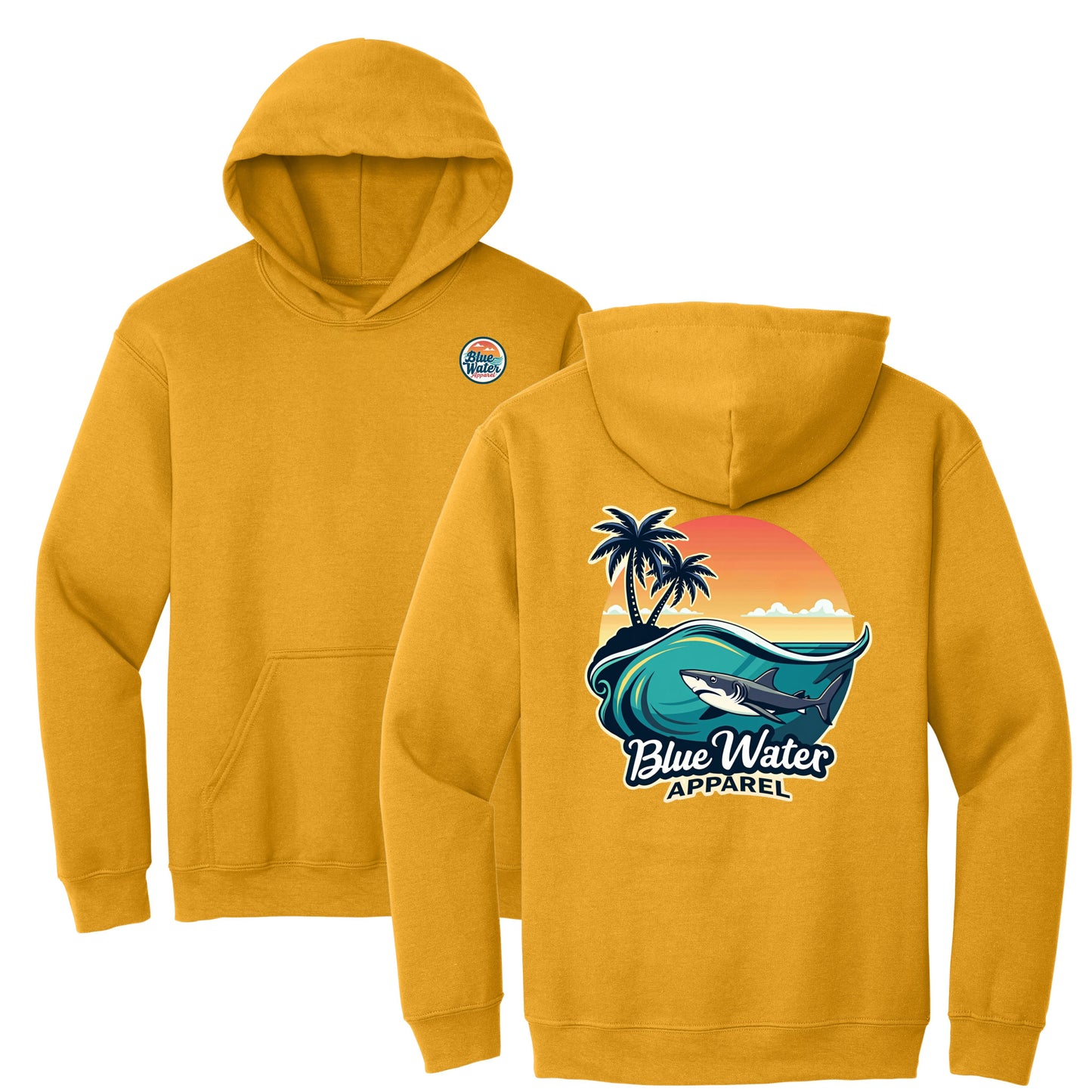 flat lay gold shark wave hoodie by blue water apparel