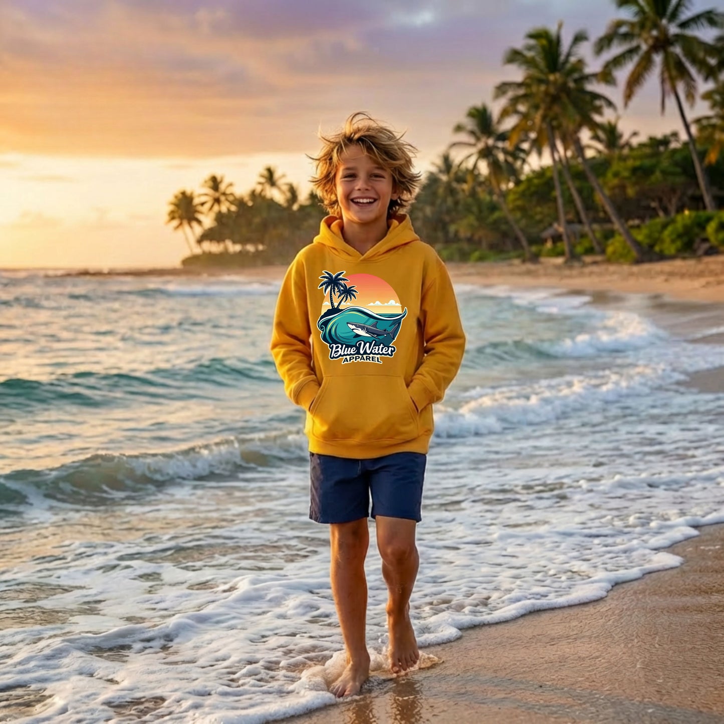 child model wearing gold shark wave kids hoodie walking down beach by blue water apparel