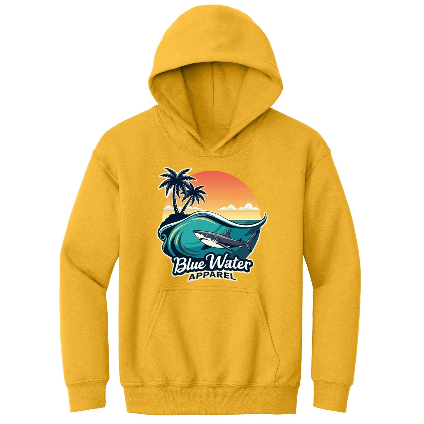 flat lay gold shark wave kids hoodie by blue water apparel