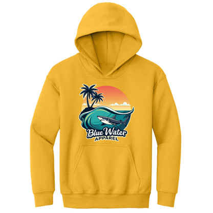 flat lay gold shark wave kids hoodie by blue water apparel