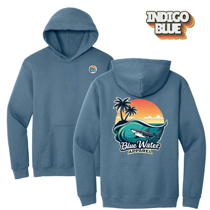 flat lay indigo blue shark wave hoodie by blue water apparel