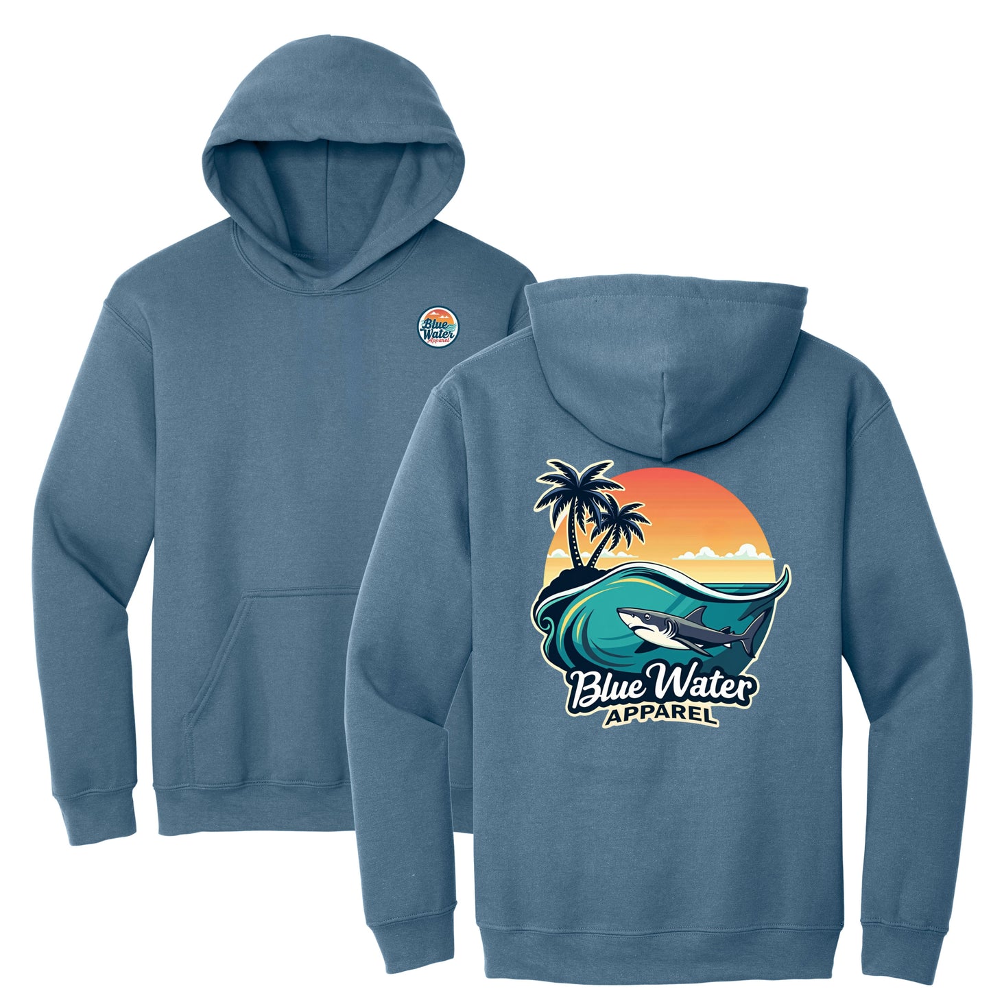 flat lay indigo blue shark wave hoodie by blue water apparel