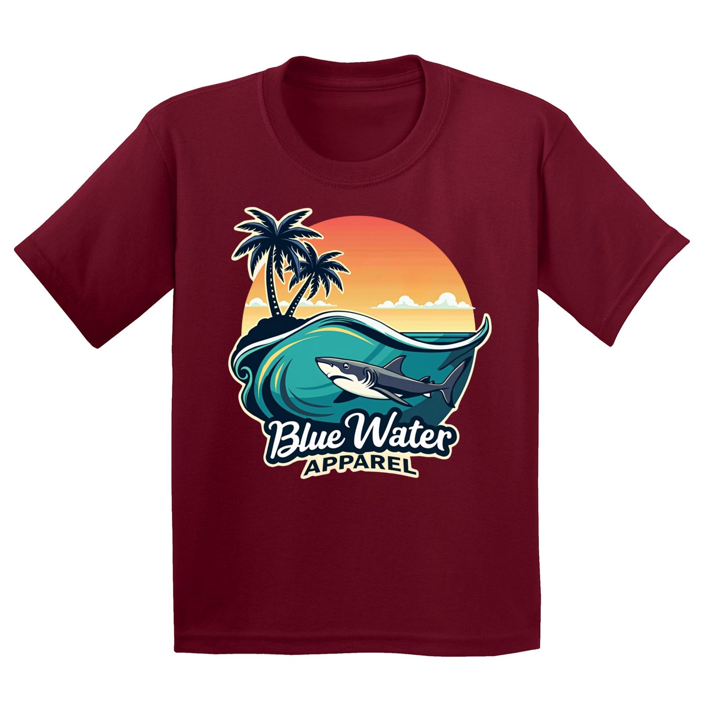 flat lay cardinal red shark wave kids tee by blue water apparel