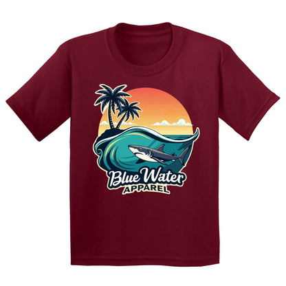flat lay cardinal red shark wave kids tee by blue water apparel