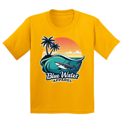 flat lay gold shark wave kids tee by blue water apparel