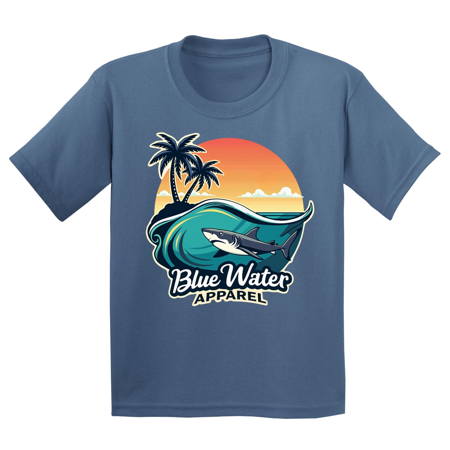 flat lay indigo blue shark wave kids tee by blue water apparel