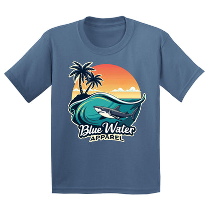 flat lay indigo blue shark wave kids tee by blue water apparel