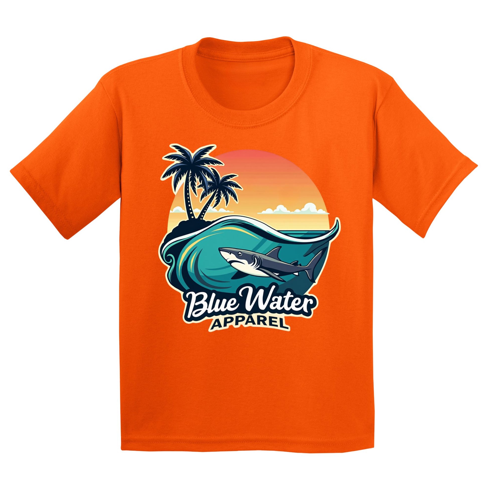 flat lay orange shark wave kids tee by blue water apparel