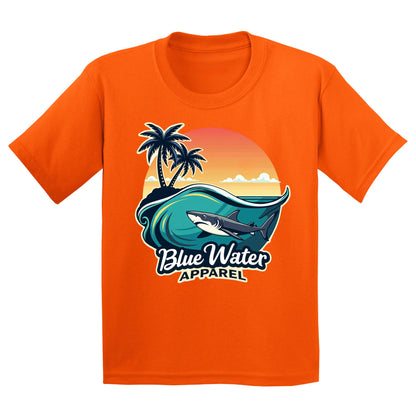 flat lay orange shark wave kids tee by blue water apparel