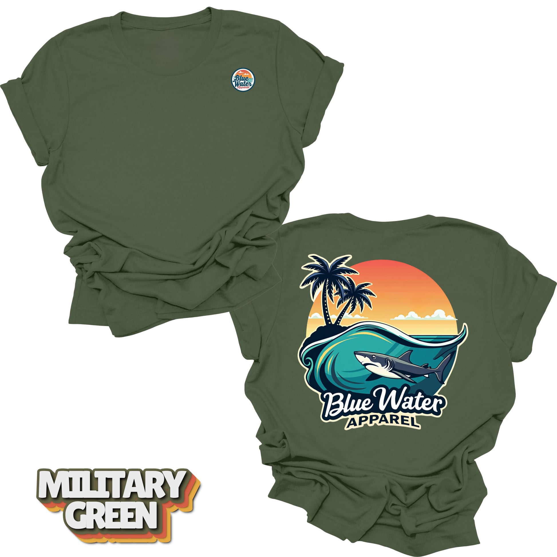 back graphic military green shark wave tee by blue water apparel