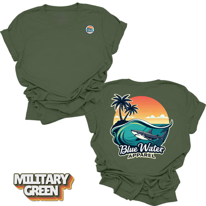 back graphic military green shark wave tee by blue water apparel