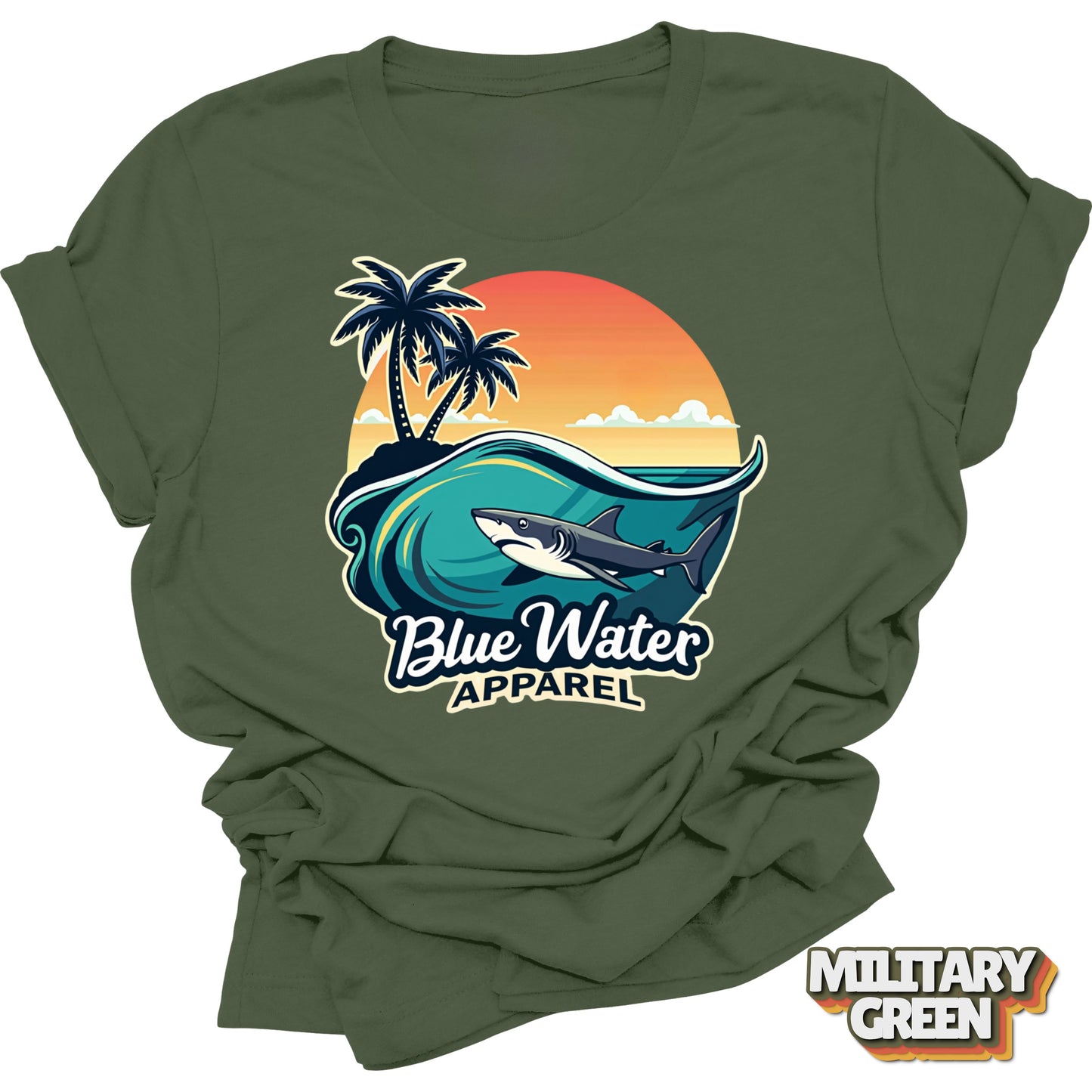 flat lay front graphic shark wave military green tee by blue water apparel