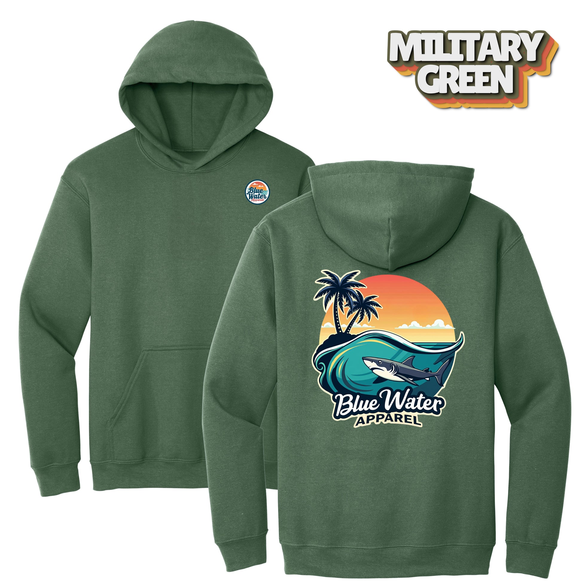 flat lay military green shark wave hoodie by blue water apparel