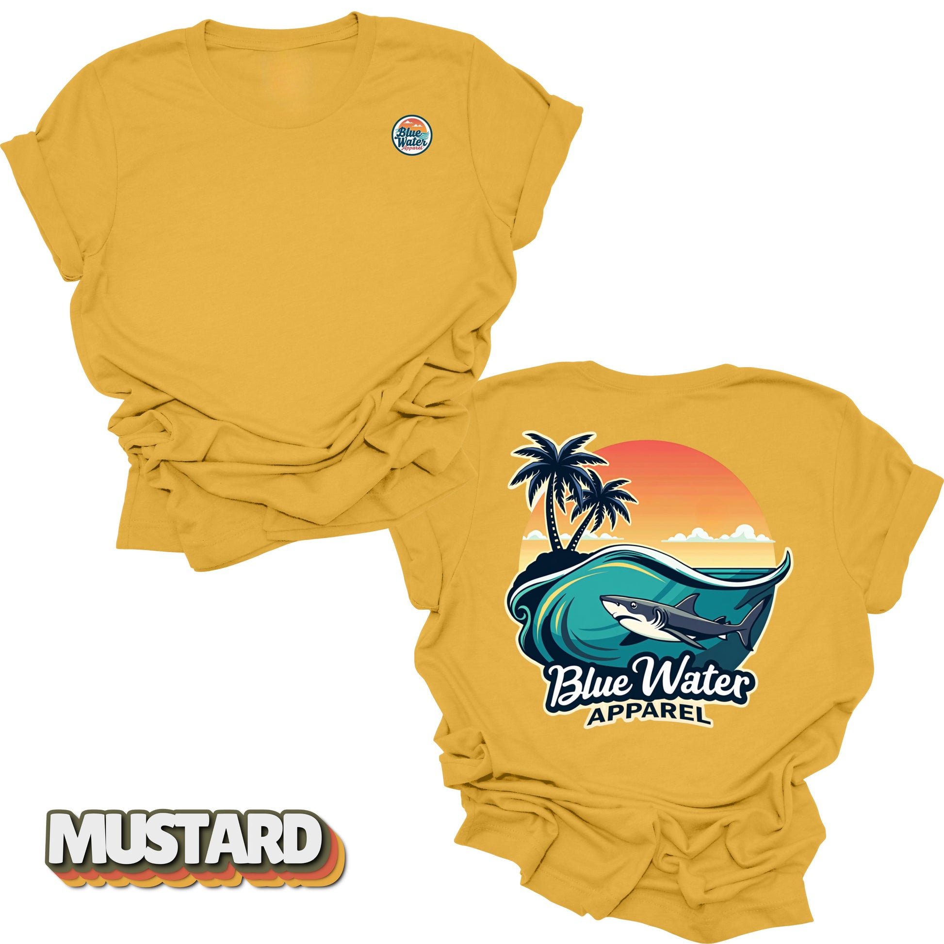 back graphic mustard shark wave tee by blue water apparel