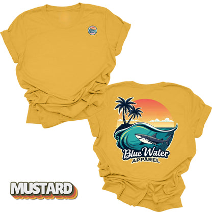 back graphic mustard shark wave tee by blue water apparel