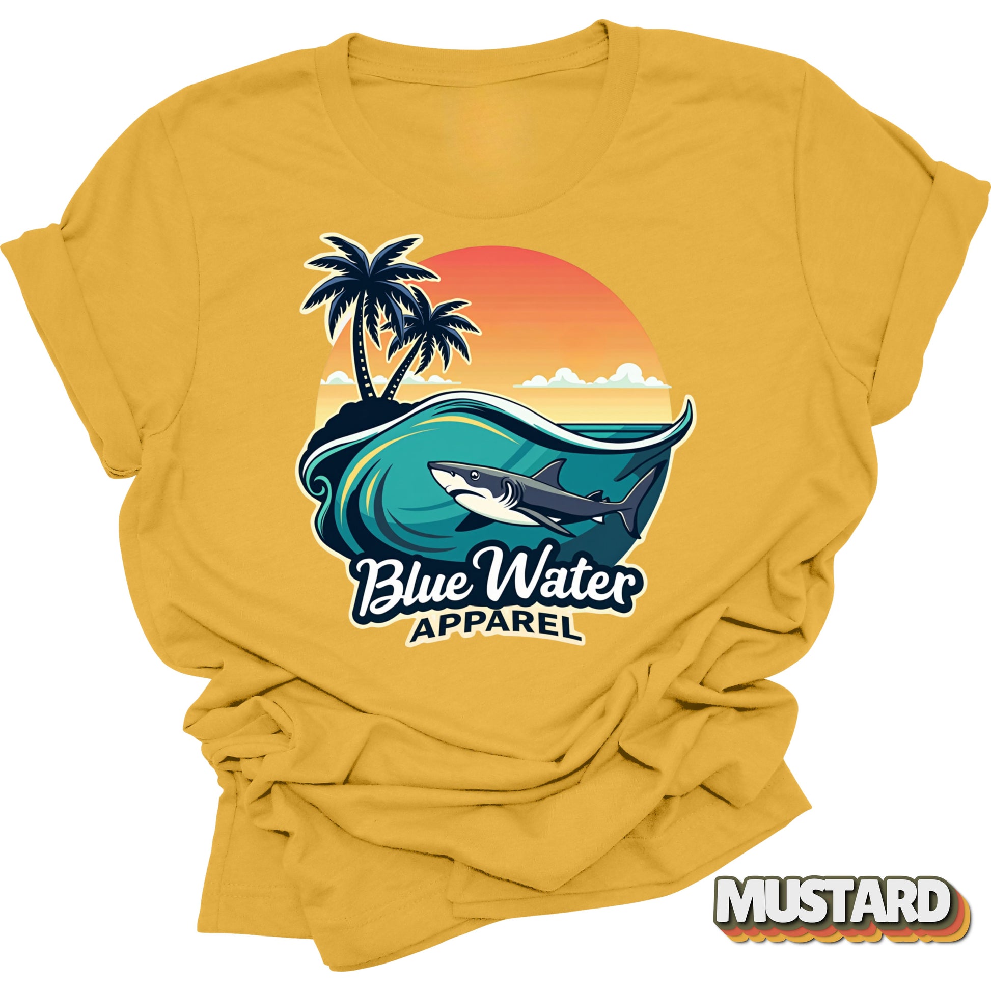 flat lay front graphic shark wave mustard tee by blue water apparel