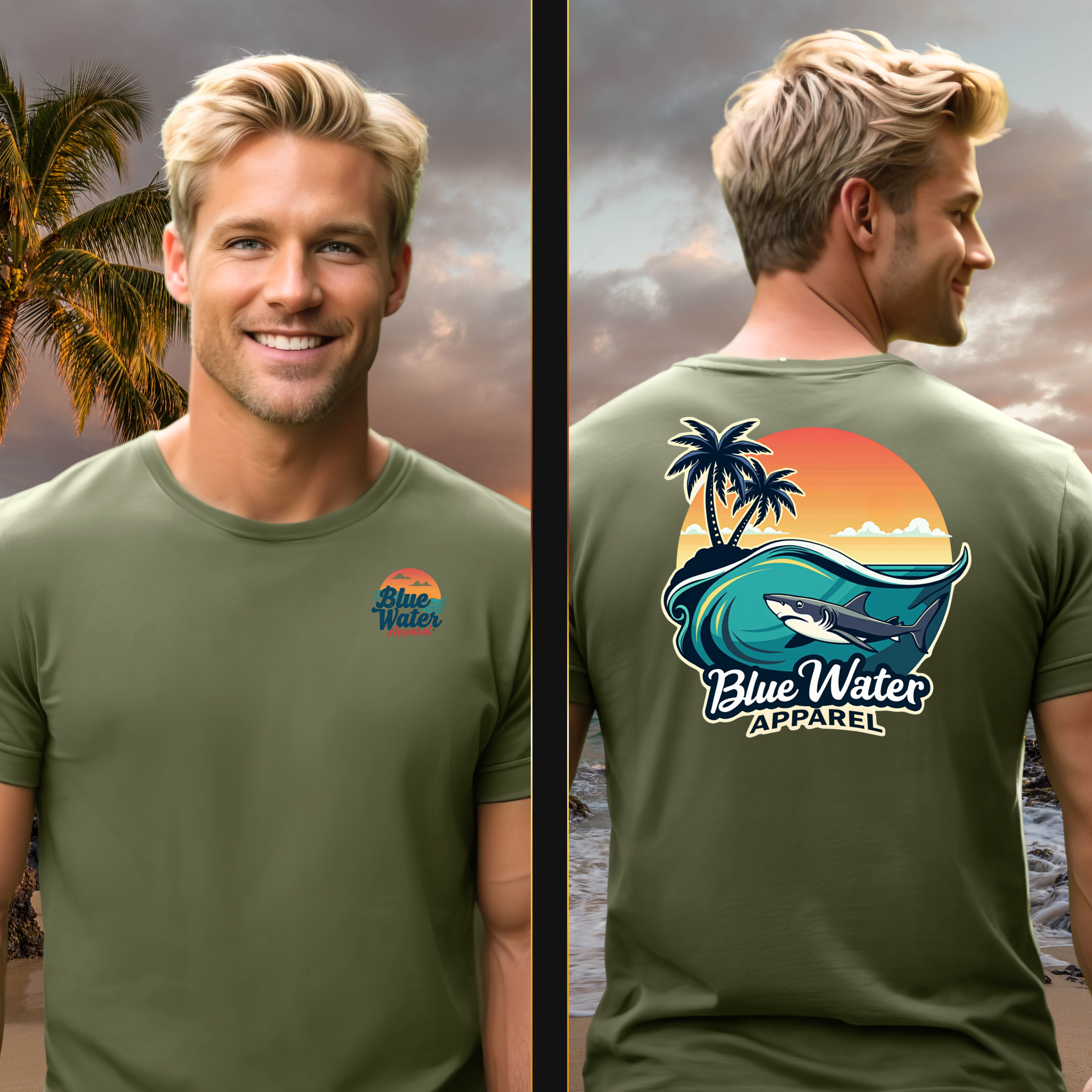 model  showing front and back olive shark wave tee by blue water apparel