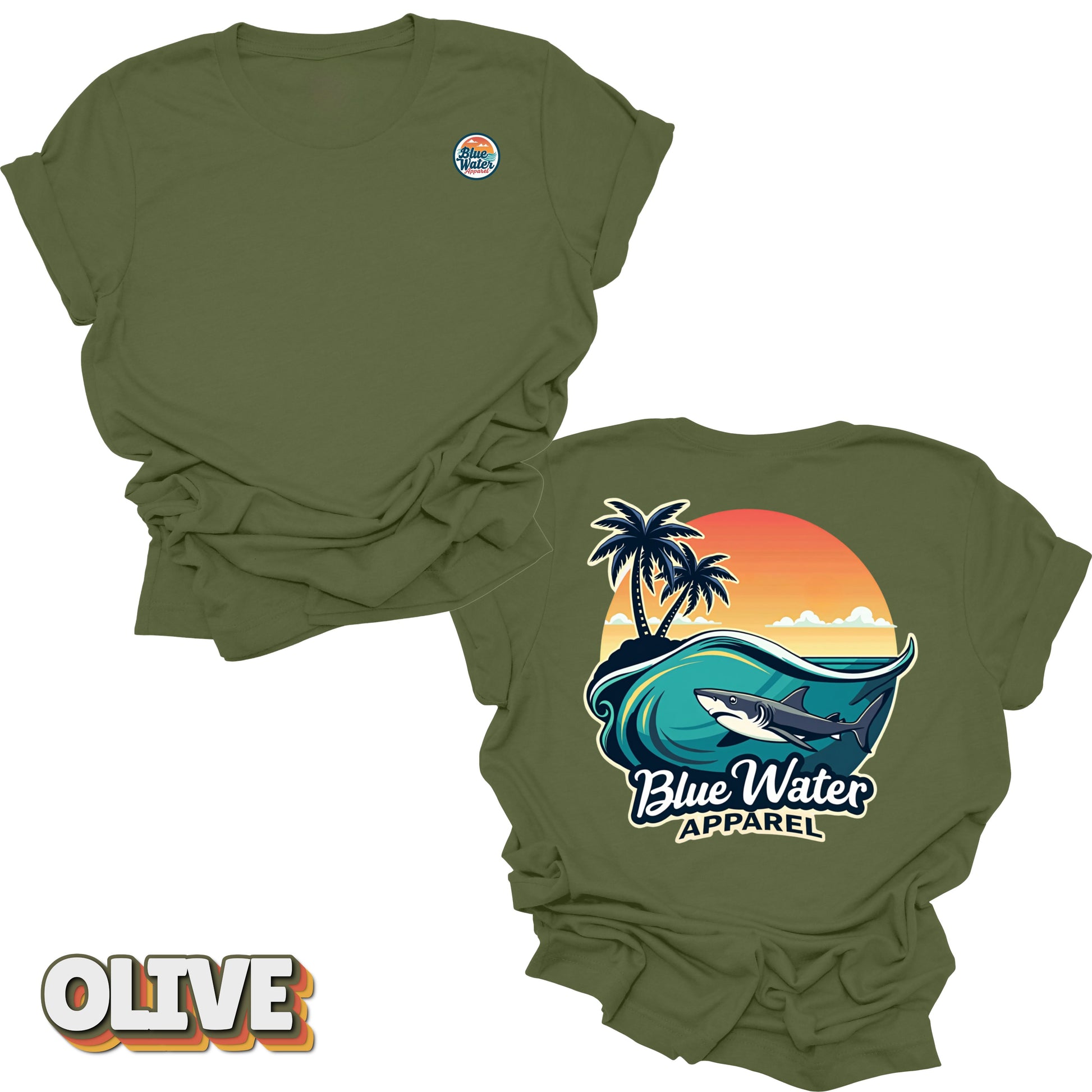back graphic olive shark wave tee by blue water apparel