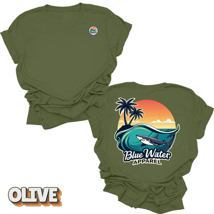 back graphic olive shark wave tee by blue water apparel