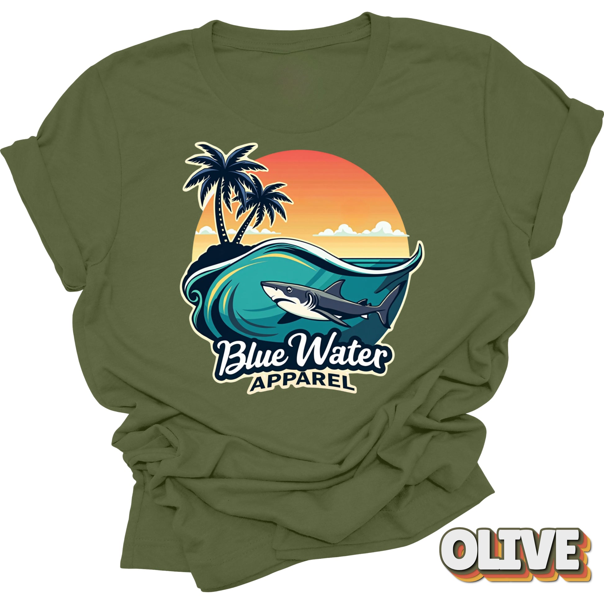 flat lay front graphic shark wave olive tee by blue water apparel