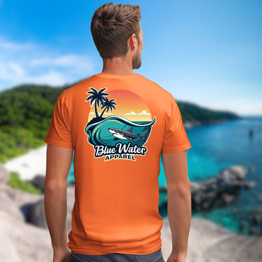 model wearing orange shark wave tee by blue water apparel