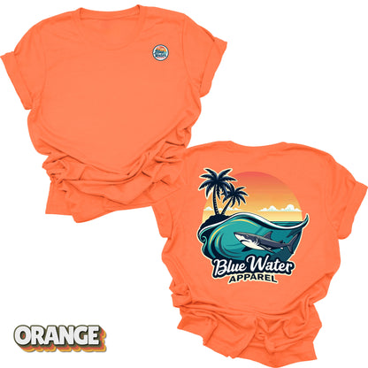 back graphic orange shark wave tee by blue water apparel