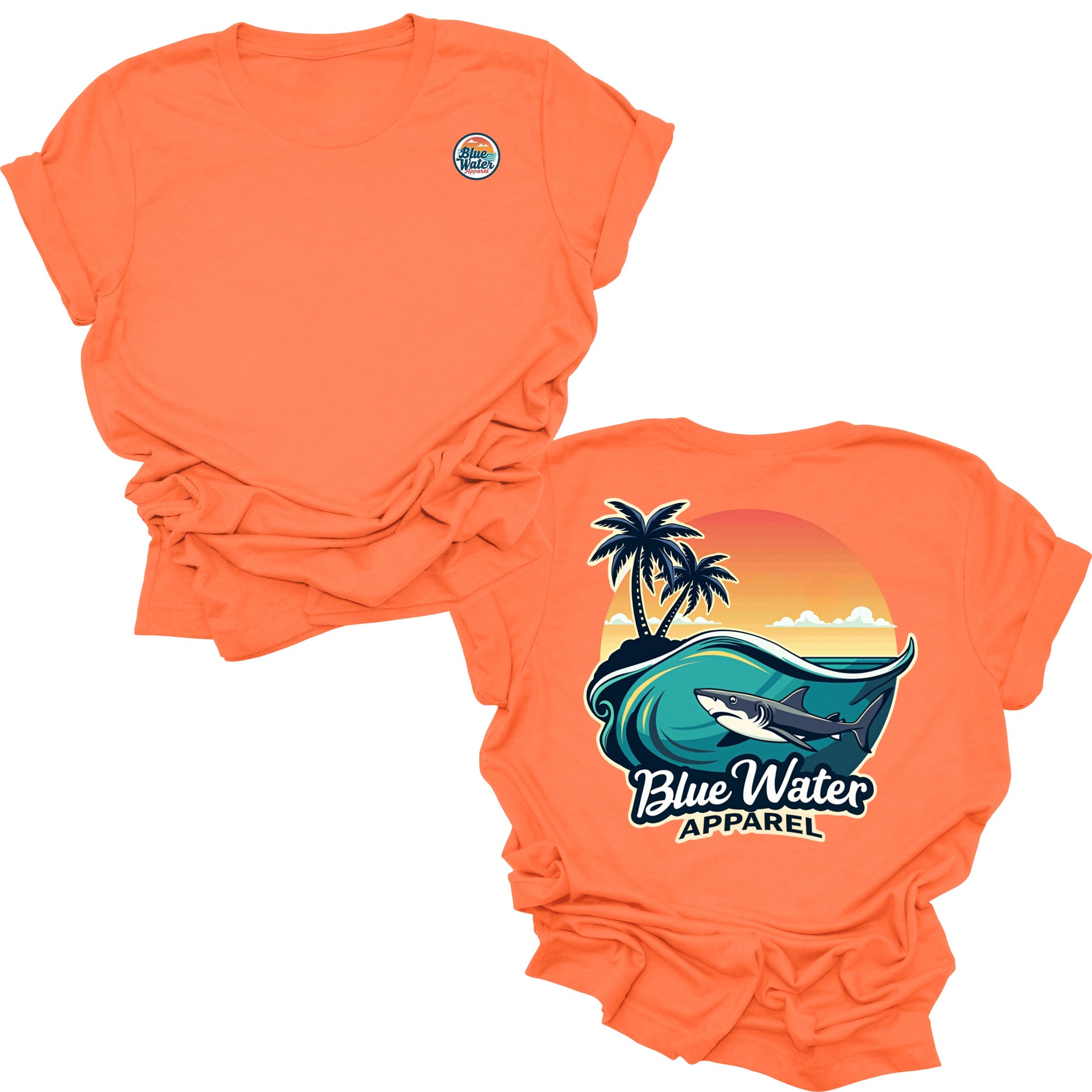 flat lay orange shark wave tee by blue water apparel