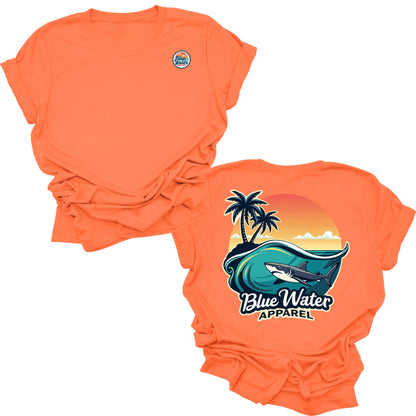 flat lay orange shark wave tee by blue water apparel