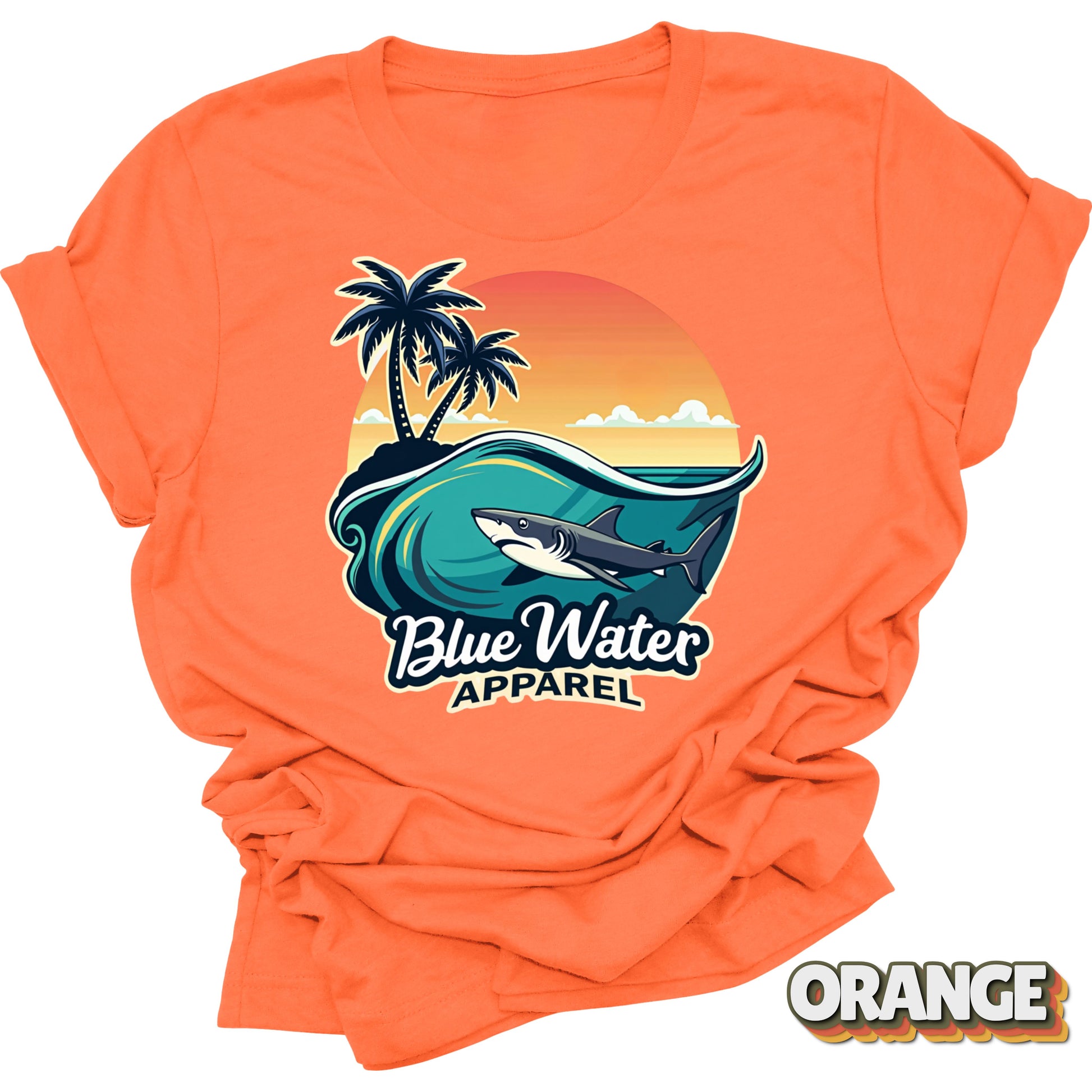 flat lay front graphic shark wave orange tee by blue water apparel