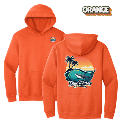 flat lay orange shark wave hoodie by blue water apparel