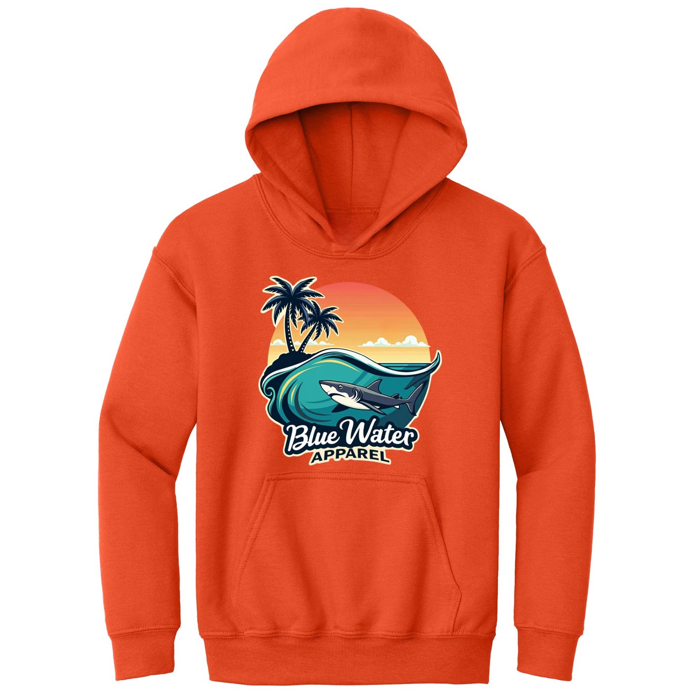 flat lay orange shark wave kids hoodie by blue water apparel
