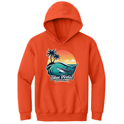 flat lay orange shark wave kids hoodie by blue water apparel