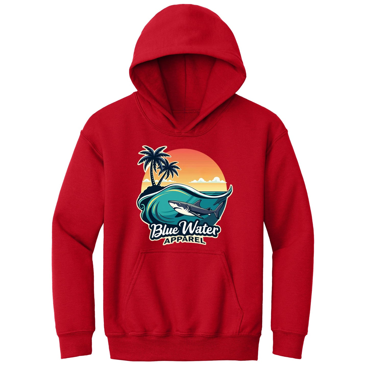 flat lay red shark wave kids hoodie by blue water apparel