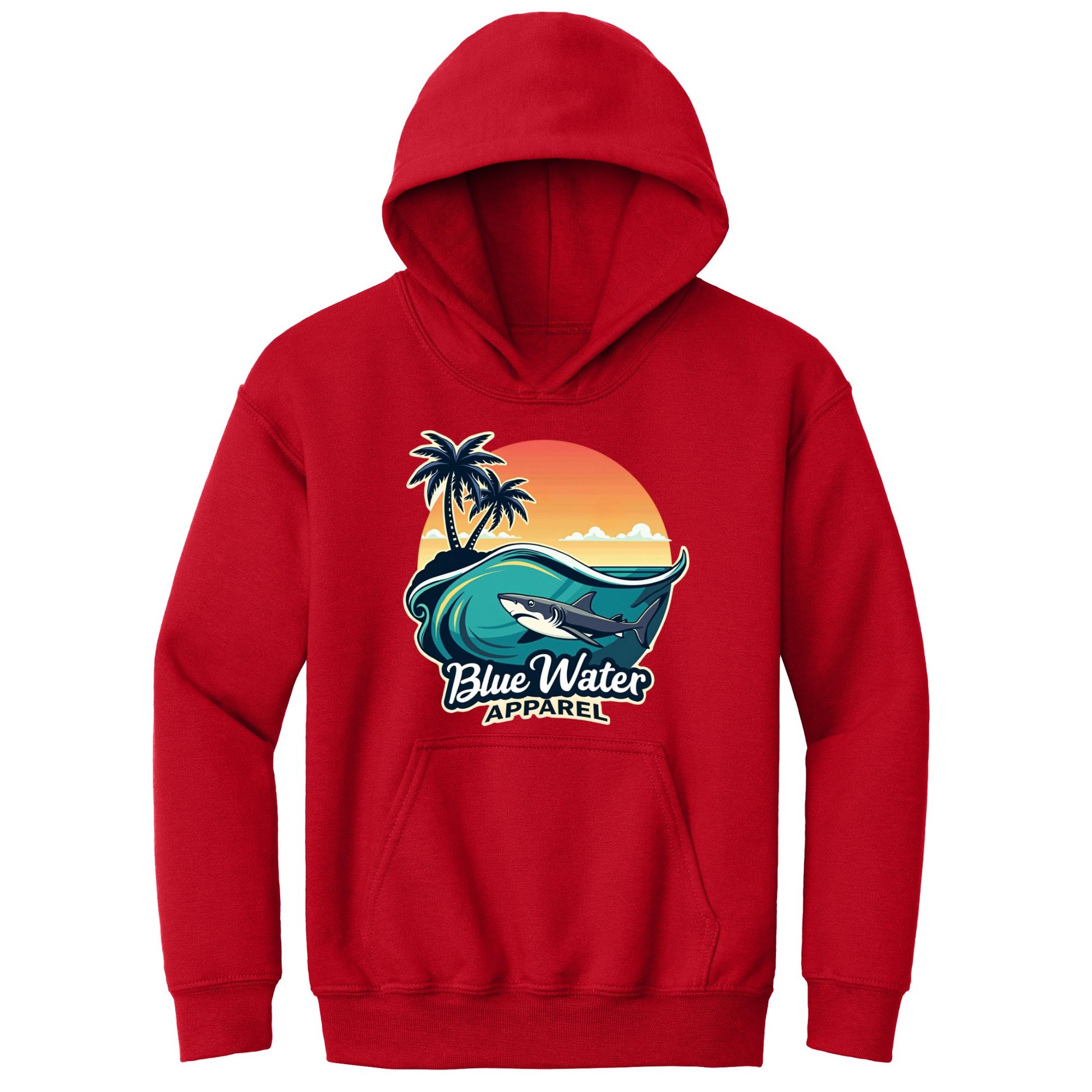 flat lay red shark wave kids hoodie by blue water apparel