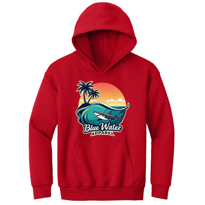 flat lay red shark wave kids hoodie by blue water apparel