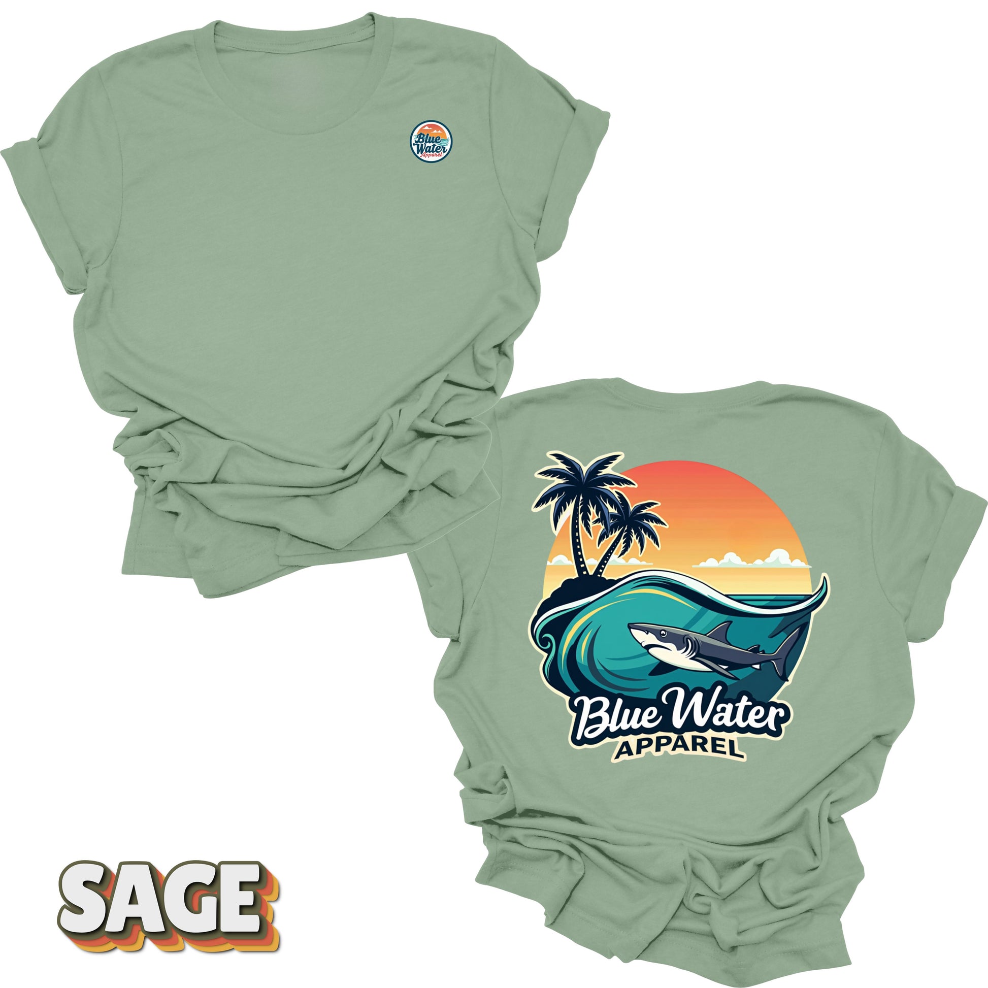 back graphic sage shark wave tee by blue water apparel