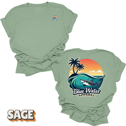 back graphic sage shark wave tee by blue water apparel