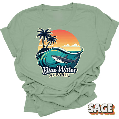 flat lay front graphic shark wave sage tee by blue water apparel