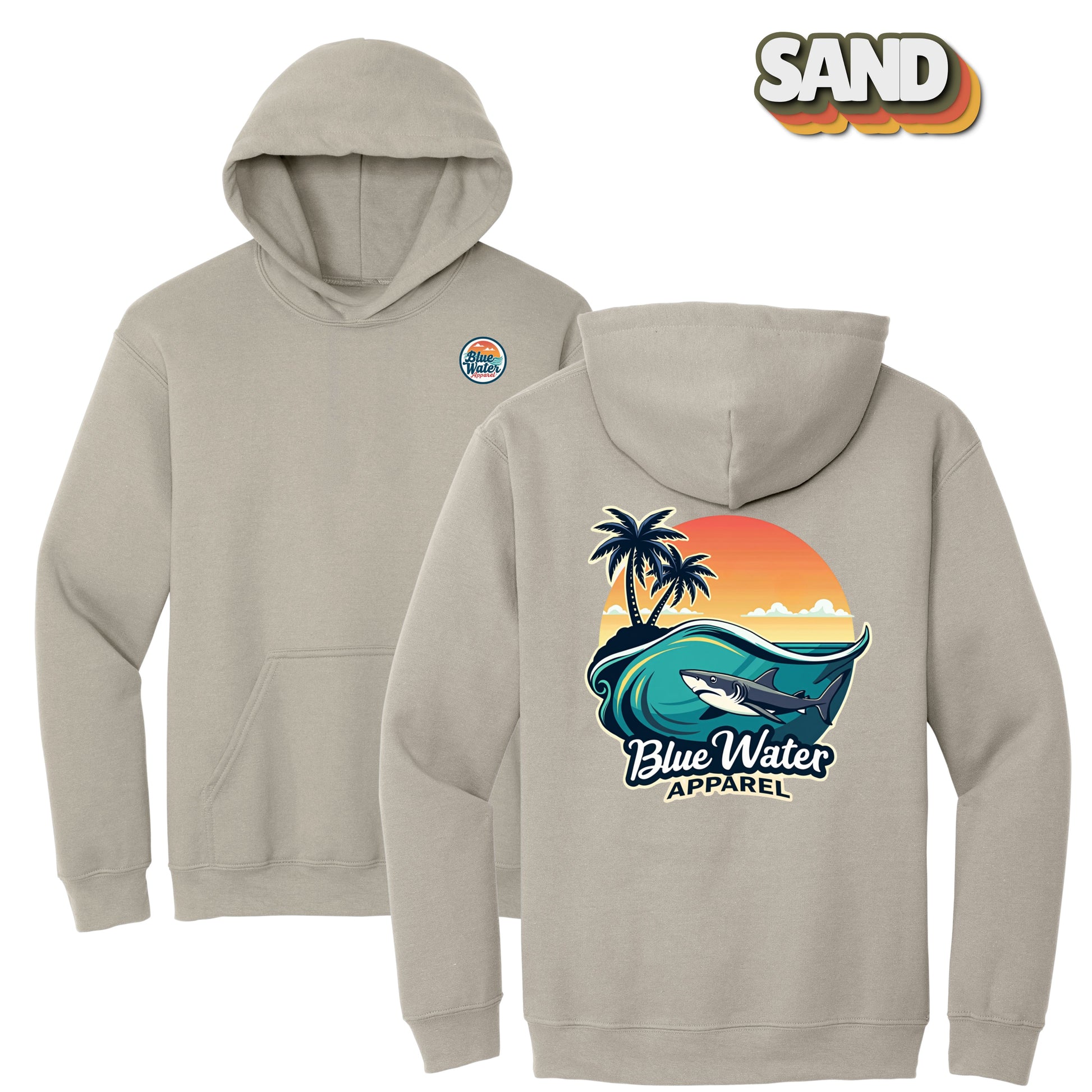 flat lay sand shark wave hoodie by blue water apparel
