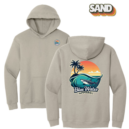 flat lay sand shark wave hoodie by blue water apparel