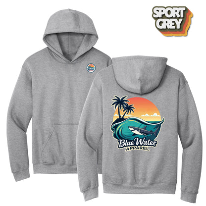 flat lay sport grey shark wave hoodie by blue water apparel